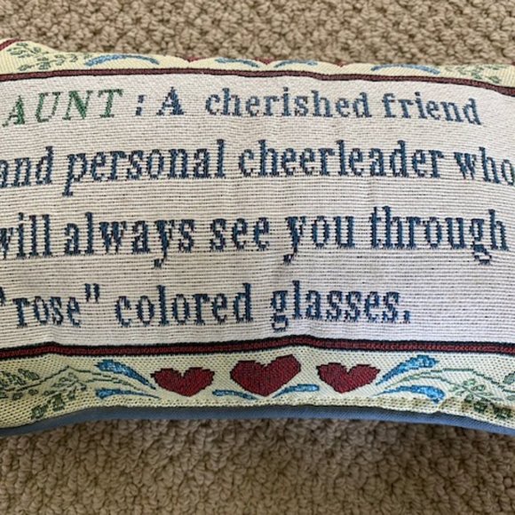 AUNT: cherished friend ... * cross-stitch over-stuffed throw pillow 13x8-1/2" - Picture 1 of 3
